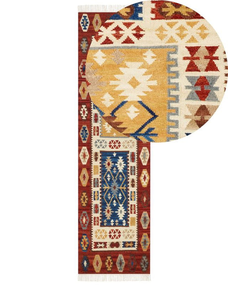 Kilim Runner Rug Multicolour Wool 80 x 300 cm Hand Woven Flat Weave Oriental Pattern with Tassels Traditional Living Room Bedroom Beliani