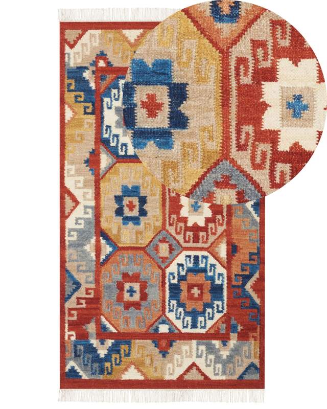 Kilim Area Rug Multicolour Wool 80 x 150 cm Hand Woven Flat Weave Oriental Pattern with Tassels Traditional Living Room Bedroom Beliani