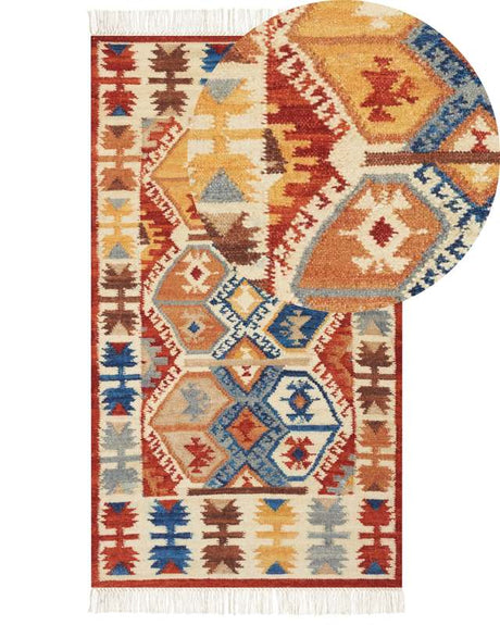 Kilim Area Rug Multicolour Wool 80 x 150 cm Hand Woven Flat Weave Pattern with Tassels Traditional Living Room Bedroom Beliani