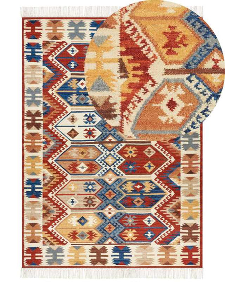 Kilim Area Rug Multicolour Wool 200 x 300 cm Hand Woven Flat Weave Pattern with Tassels Traditional Living Room Bedroom Beliani