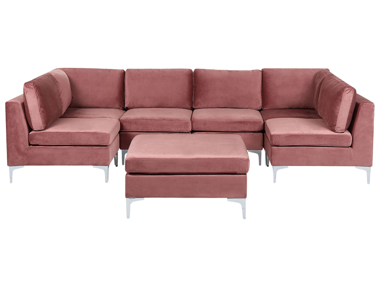 Modular Sofa Pink Velvet U Shape 6 Seater with Ottoman Silver Metal Legs Glamour Style Beliani