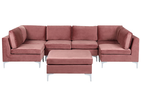 Modular Sofa Pink Velvet U Shape 6 Seater with Ottoman Silver Metal Legs Glamour Style Beliani