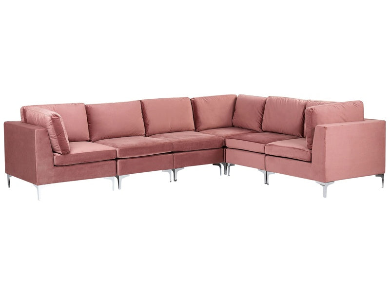 Left Hand Modular Corner Sofa Pink Velvet 6 Seater L-Shaped Silver Metal Legs Glamour Style Beliani