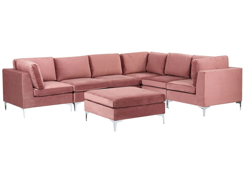 Left Hand Modular Corner Sofa Pink Velvet 6 Seater with Ottoman L-Shaped Silver Metal Legs Glamour Style Beliani