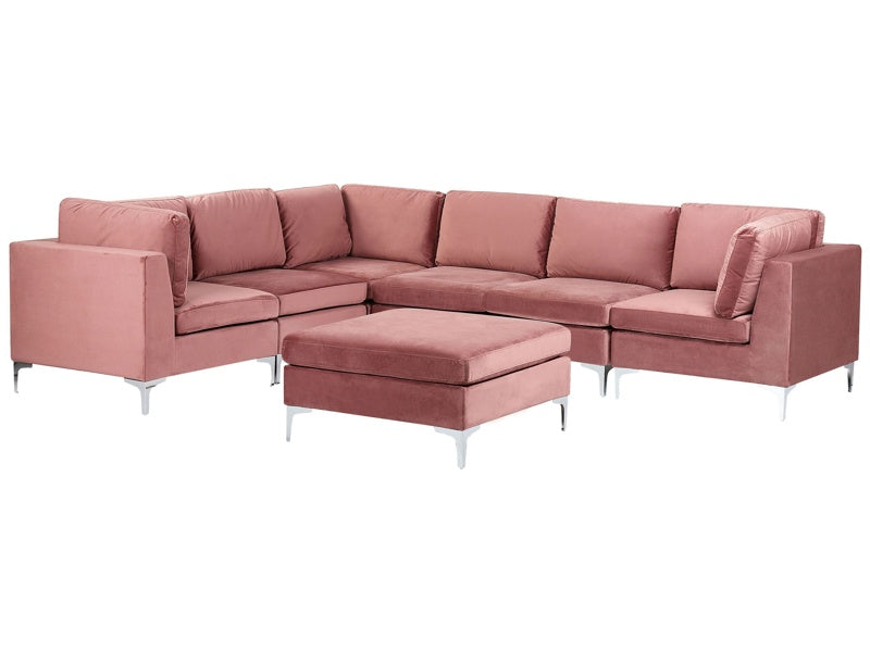 Right Hand Modular Corner Sofa Pink Velvet 6 Seater with Ottoman L-Shaped Silver Metal Legs Glamour Style Beliani