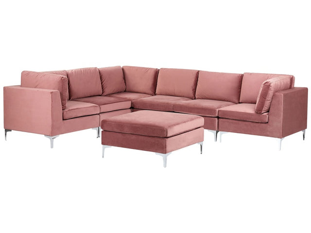 Right Hand Modular Corner Sofa Pink Velvet 6 Seater with Ottoman L-Shaped Silver Metal Legs Glamour Style Beliani