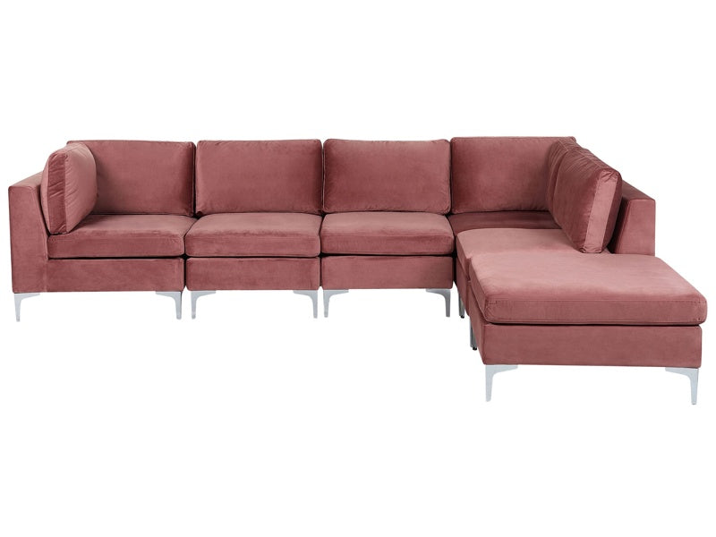 Left Hand Modular Corner Sofa Pink Velvet 5 Seater with Ottoman L-Shaped Silver Metal Legs Glamour Style Beliani