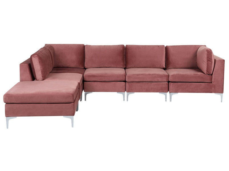 Right Hand Modular Corner Sofa Pink Velvet 5 Seater with Ottoman L-Shaped Silver Metal Legs Glamour Style Beliani