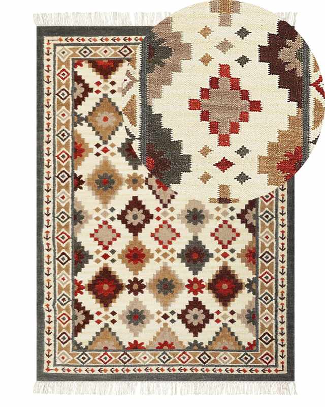 Wool Area Rug Multicolour 140 x 200 cm Hand Woven Kilim Rug Rustic Oriental Design Beliani