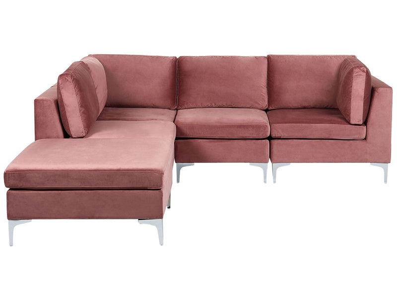 Right Hand Modular Corner Sofa with Ottoman Pink Velvet 4 Seater L-Shaped Silver Metal Legs Glamour Style Beliani