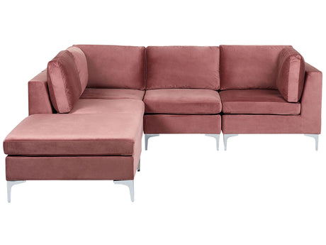 Right Hand Modular Corner Sofa with Ottoman Pink Velvet 4 Seater L-Shaped Silver Metal Legs Glamour Style Beliani