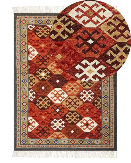 Wool Area Rug Multicolour 140 x 200 cm Hand Woven Kilim Rug Rustic Oriental Design Beliani