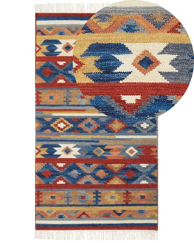 Wool Kilim Area Rug Multicolour 80 x 150 cm Hand Woven Ethnic Motif Rustic Oriental Design Beliani