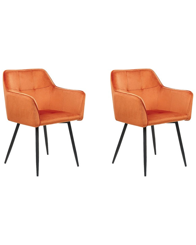 Set of 2 Dining Chairs Orange Beige Velvet Upholstered Seat with Armrests Black Metal Legs Beliani