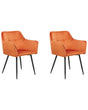 Set of 2 Dining Chairs Orange Beige Velvet Upholstered Seat with Armrests Black Metal Legs Beliani