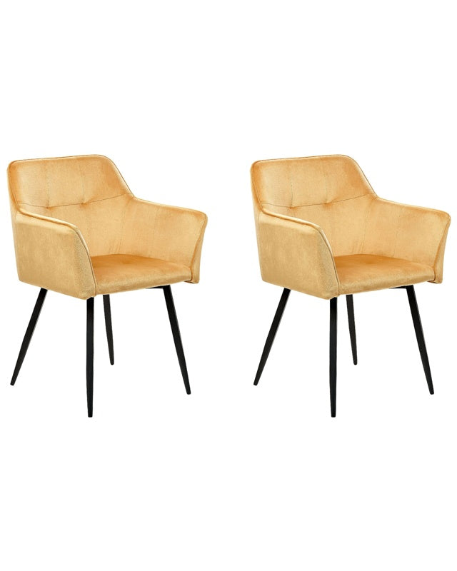 Set of 2 Dining Chairs Yellow Velvet Upholstered Seat with Armrests Black Metal Legs Beliani