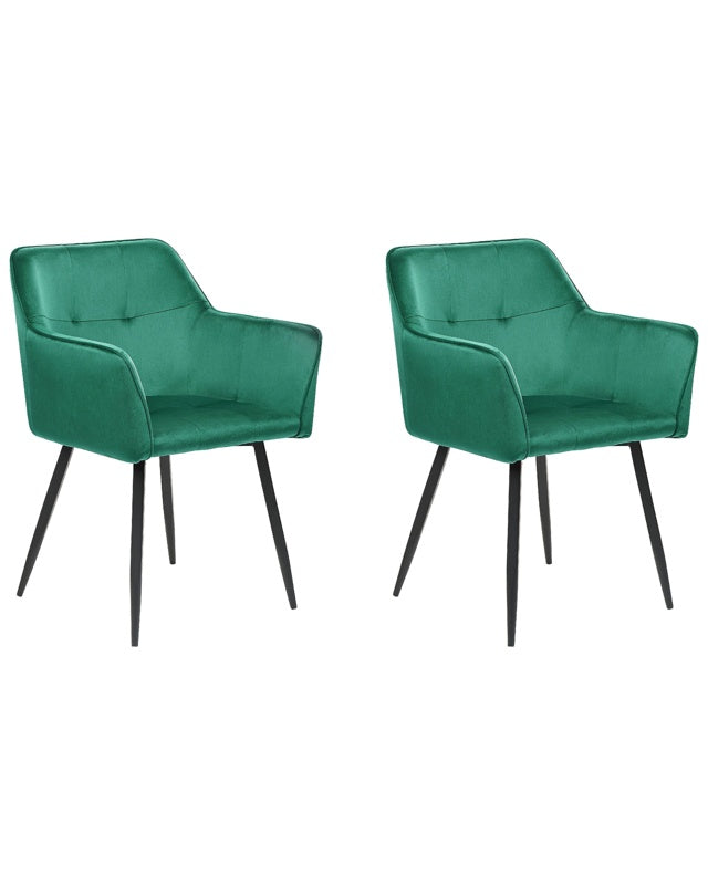 Set of 2 Dining Chairs Emerald Green Velvet Upholstered Seat with Armrests Black Metal Legs Beliani