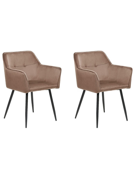 Set of 2 Dining Chairs Brown Velvet Upholstered Seat with Armrests Black Metal Legs Beliani