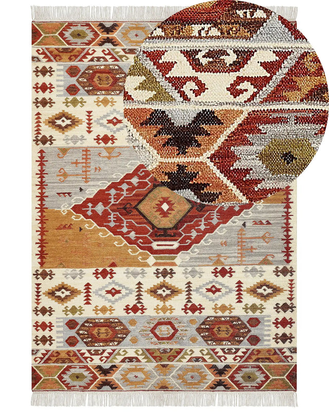 Kilim Area Rug Multicolour Wool and Cotton 200 x 300 cm Handmade Woven Boho Patchwork Pattern with Tassels Beliani