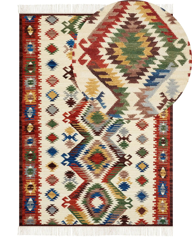 Kilim Area Rug Multicolour Wool 200 x 300 cm Hand Woven Flat Weave Oriental Pattern with Tassels Traditional Living Room Bedroom Beliani