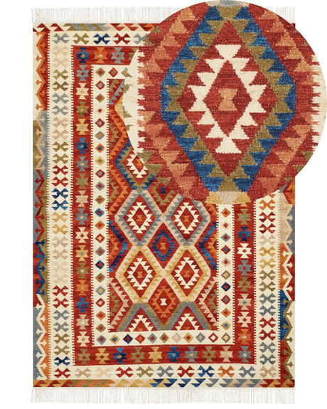 Kilim Area Rug Multicolour Wool 200 x 300 cm Hand Woven Flat Weave Geometrical Pattern with Tassels Traditional Living Room Bedroom Beliani