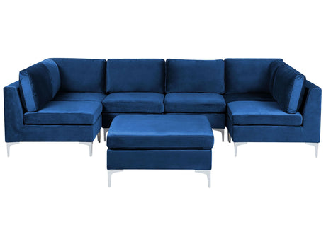 Modular Sofa Blue Velvet U Shape 6 Seater with Ottoman Silver Metal Legs Glamour Style Beliani