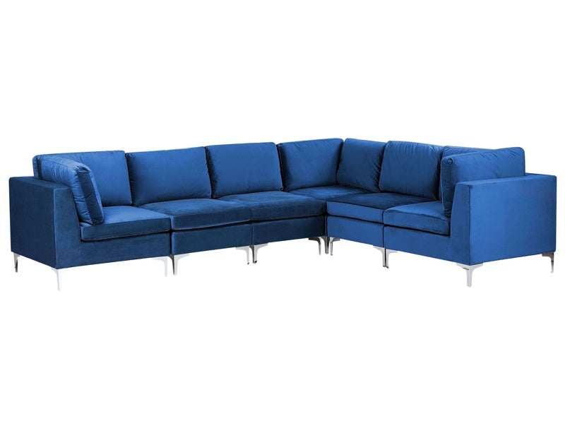 Left Hand Modular Corner Sofa Blue Velvet 6 Seater L-Shaped Silver Metal Legs Glamour Style Beliani