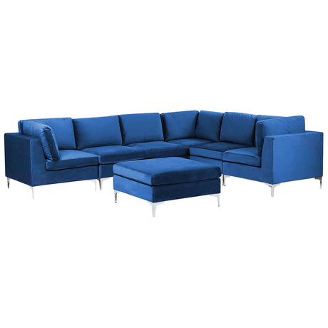 Left Hand Modular Corner Sofa Blue Velvet 6 Seater with Ottoman L-Shaped Silver Metal Legs Glamour Style Beliani