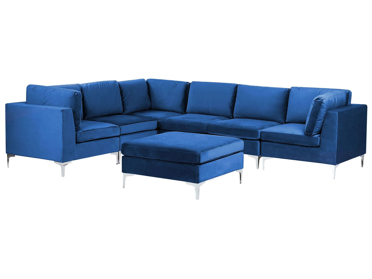 Right Hand Modular Corner Sofa Blue Velvet 6 Seater with Ottoman L-Shaped Silver Metal Legs Glamour Style Beliani