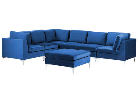 Right Hand Modular Corner Sofa Blue Velvet 6 Seater with Ottoman L-Shaped Silver Metal Legs Glamour Style Beliani