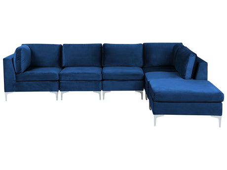 Left Hand Modular Corner Sofa Blue Velvet 5 Seater with Ottoman L-Shaped Silver Metal Legs Glamour Style Beliani