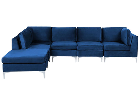 Right Hand Modular Corner Sofa Blue Velvet 5 Seater with Ottoman L-Shaped Silver Metal Legs Glamour Style Beliani