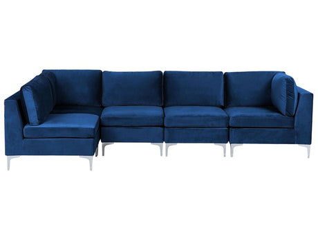 Right Hand Modular Corner Sofa Blue Velvet 5 Seater L-Shaped Silver Metal Legs Glamour Style Beliani