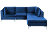 Left Hand Modular Corner Sofa Blue Velvet 4 Seater with Ottoman L-Shaped Silver Metal Legs Glamour Style Beliani