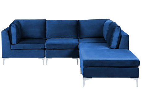 Left Hand Modular Corner Sofa Blue Velvet 4 Seater with Ottoman L-Shaped Silver Metal Legs Glamour Style Beliani