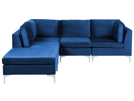 Right Hand Modular Corner Sofa with Ottoman Blue Velvet 4 Seater L-Shaped Silver Metal Legs Glamour Style Beliani