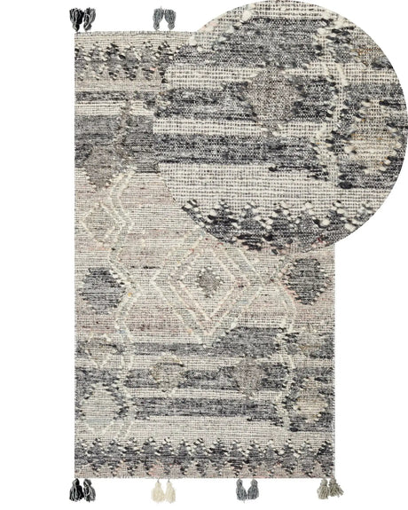Kilim Area Rug Grey Wool and Cotton 80 x 150 cm Handmade Woven Boho Patchwork Pattern with Tassels Beliani