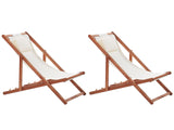 Set of 2 Folding Deck Chairs Dark Acacia Wood with Off-White 2 Replacement Fabrics with Trendy Pattern Fabric Seat Headrest Cushion Reclining Folding  Beliani