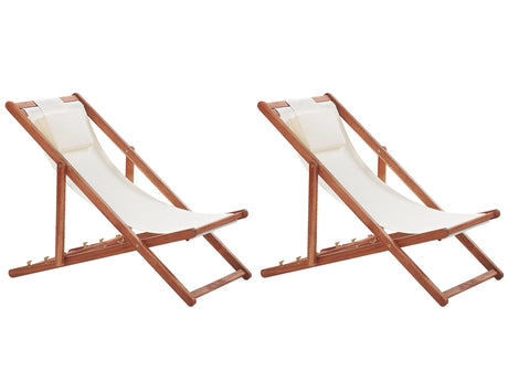 Set of 2 Folding Deck Chairs Dark Acacia Wood with Off-White 2 Replacement Fabrics with Trendy Pattern Fabric Seat Headrest Cushion Reclining Folding  Beliani