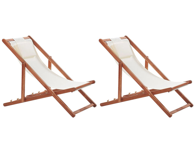 Set of 2 Folding Deck Chairs Dark Acacia Wood with Off-White 2 Replacement Fabrics with Trendy Pattern Fabric Seat Headrest Cushion Reclining Folding  Beliani