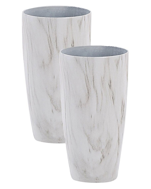 Set of 2 Outdoor Indoor Plant Pots Marble Effect White Stone Mixture Round 23 cm Modern Design Beliani