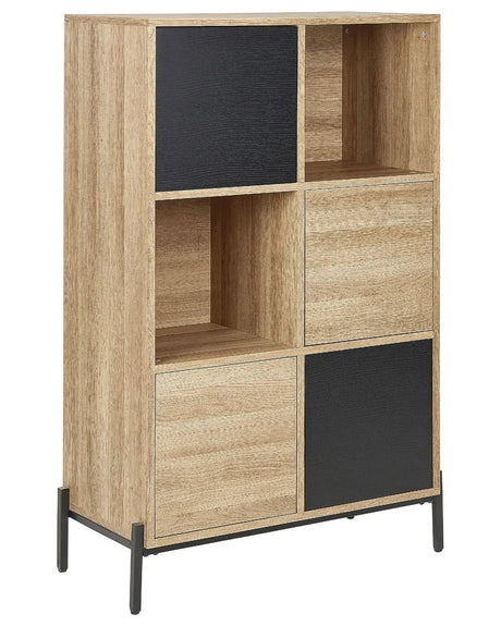 Bookcase Light Wood and Grey MDF Paper Finish 4 Cabinets 2 Open Shelves Low Bookshelf Beliani