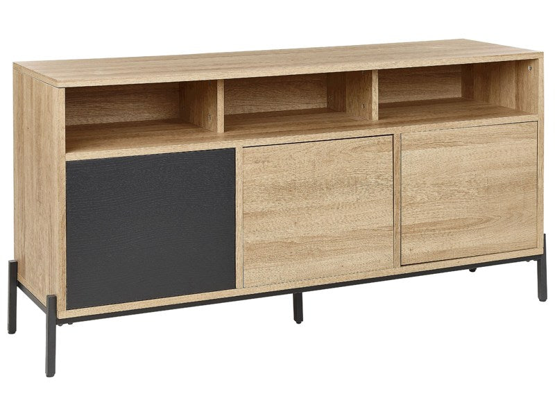 3 Door Sideboard Light Wood and Grey MDF Paper Finish Storage 3 Open Shleves Beliani