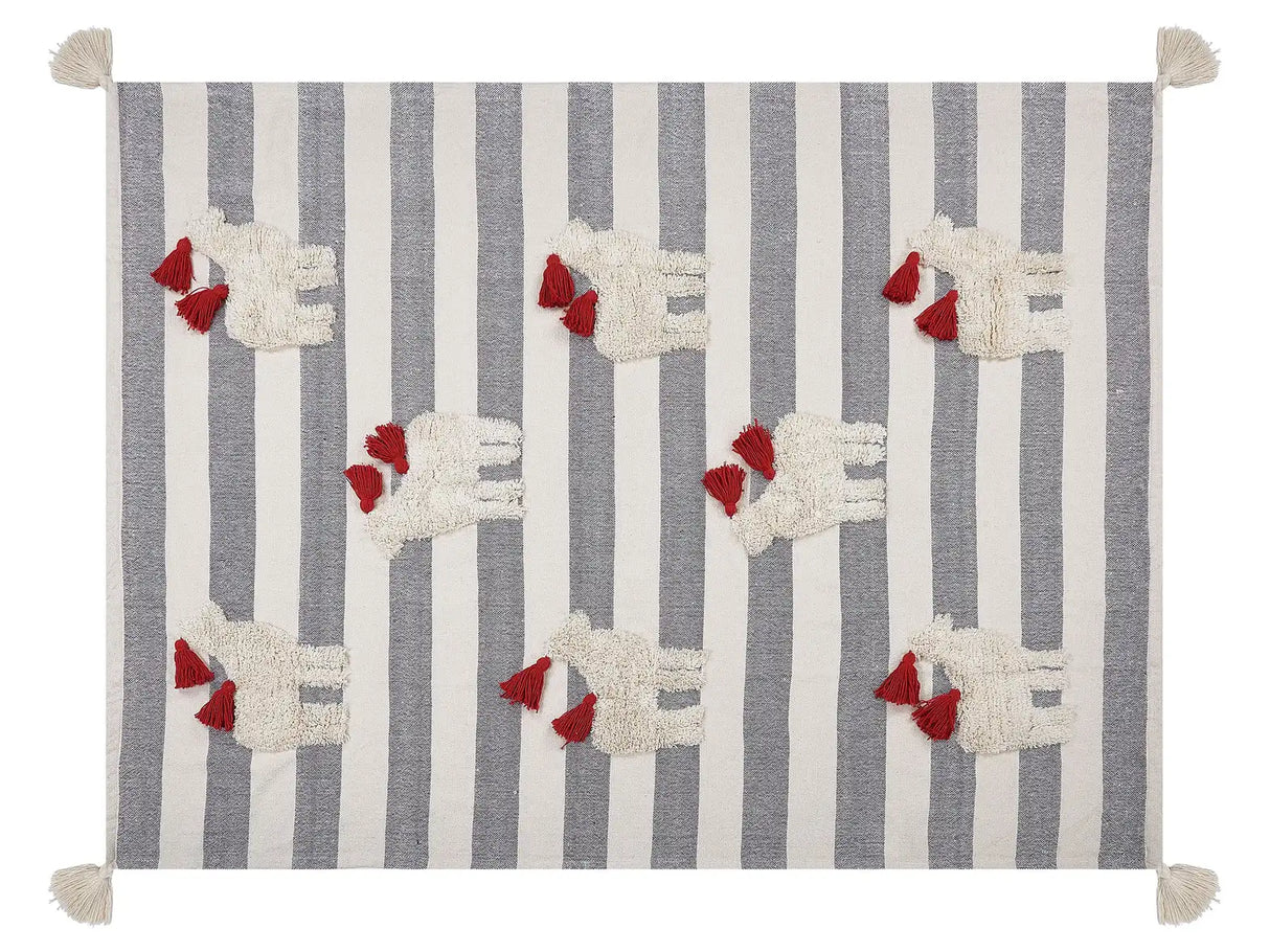 Blanket White and Grey Cotton 125 x 150 cm Hand-Tufted Horses Pattern Tassels Striped Boho Beliani