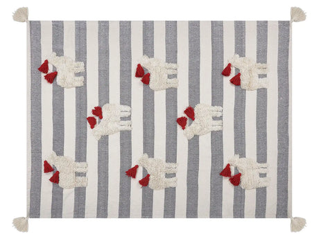 Blanket White and Grey Cotton 125 x 150 cm Hand-Tufted Horses Pattern Tassels Striped Boho Beliani