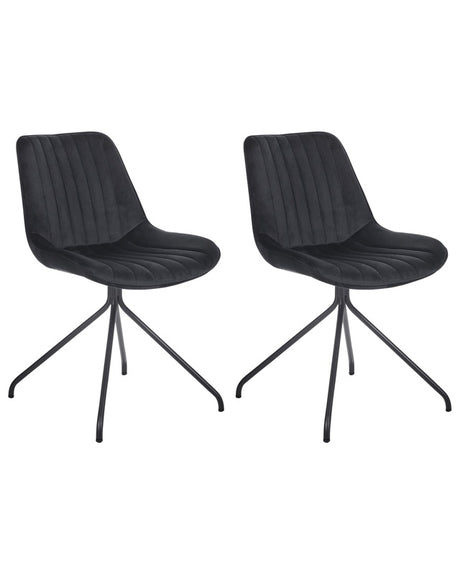 Set of 2 Dining Chairs Black Velvet Upholstery Tufted Armless Black Cross Base Steel Frame Retro Design Beliani