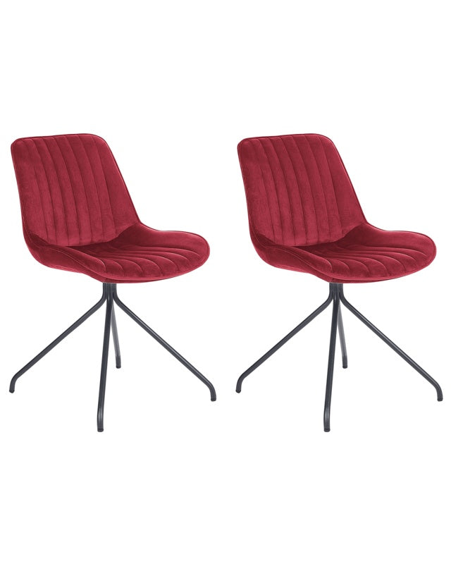 Set of 2 Dining Chairs Red Velvet Upholstery Tufted Armless Black Cross Base Steel Frame Retro Design Beliani