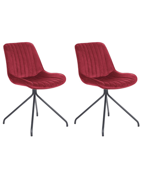Set of 2 Dining Chairs Red Velvet Upholstery Tufted Armless Black Cross Base Steel Frame Retro Design Beliani