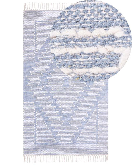 Rug Off-White Blue Cotton Wool 80 x 150 cm Geometric Pattern Runes Tribal Tassels Oriental Beliani