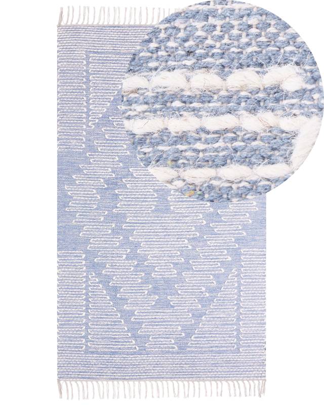 Rug Off-White Blue Cotton Wool 80 x 150 cm Geometric Pattern Runes Tribal Tassels Oriental Beliani